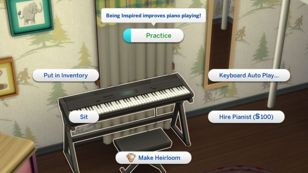 A screenshot from The Sims 4 showing how to practice piano on a keyboard