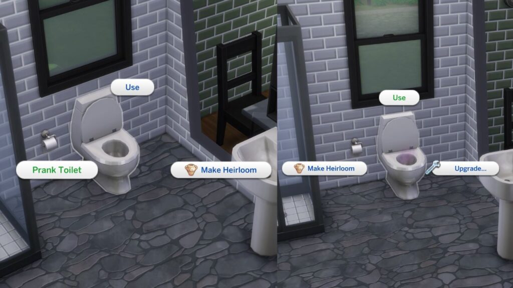 A screenshot from The Sims 4 showing how to prank a toilet as a kid