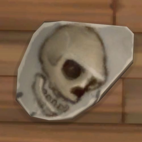 A screenshot from The Sims 4 showing a rock on the ground. On the rock is an image of a skull