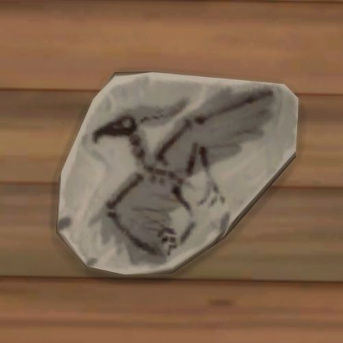 A screenshot from The Sims 4 showing a rock on the ground. On the rock is an image of a bird fossil