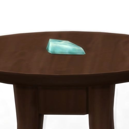 A screenshot from The Sims 4 showing a brown wooden table with Punium on top