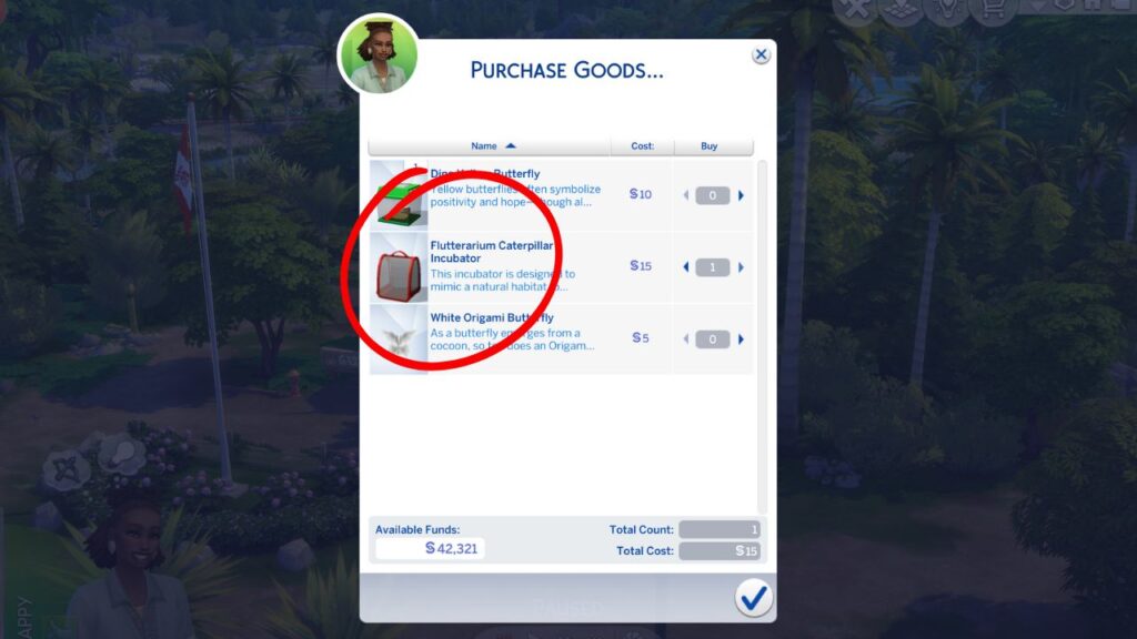 A screenshot from The Sims 4 showing the purchase goods menu from the ranger's station 