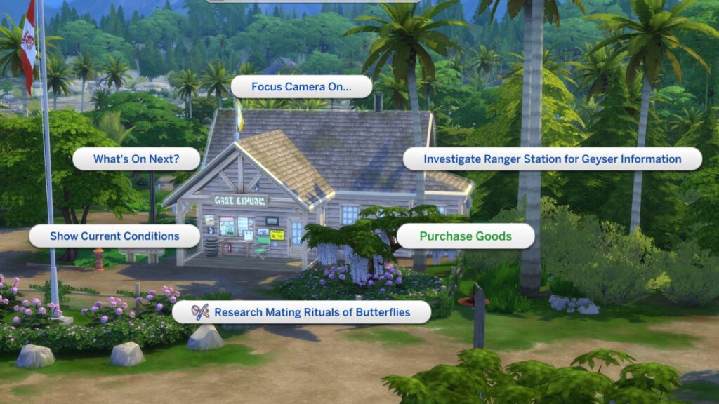 A screenshot from The Sims 4 showing how to purchase goods from the ranger's station 