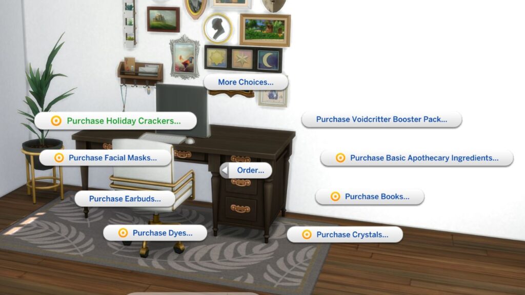 A screenshot from The Sims 4 showing the option to purchase holiday crackers on a computer