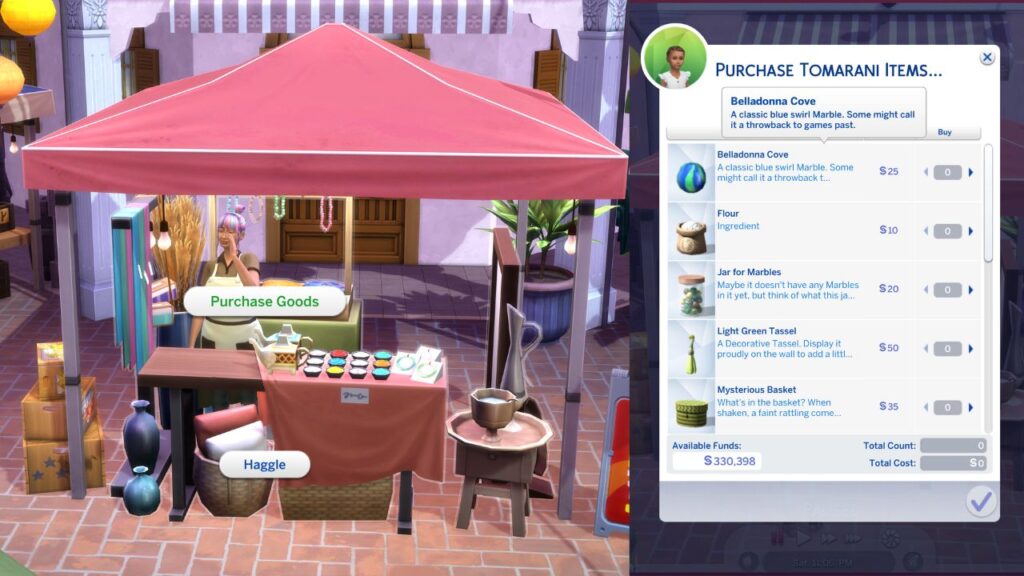 A screenshot from The Sims 4 showing how to purchase marbles at the Tomarang night market 