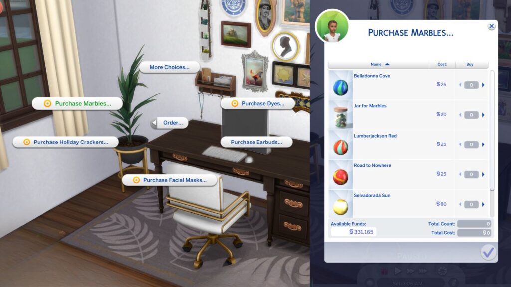 A screenshot from The Sims 4 showing how a sim can order marbles on the computer 