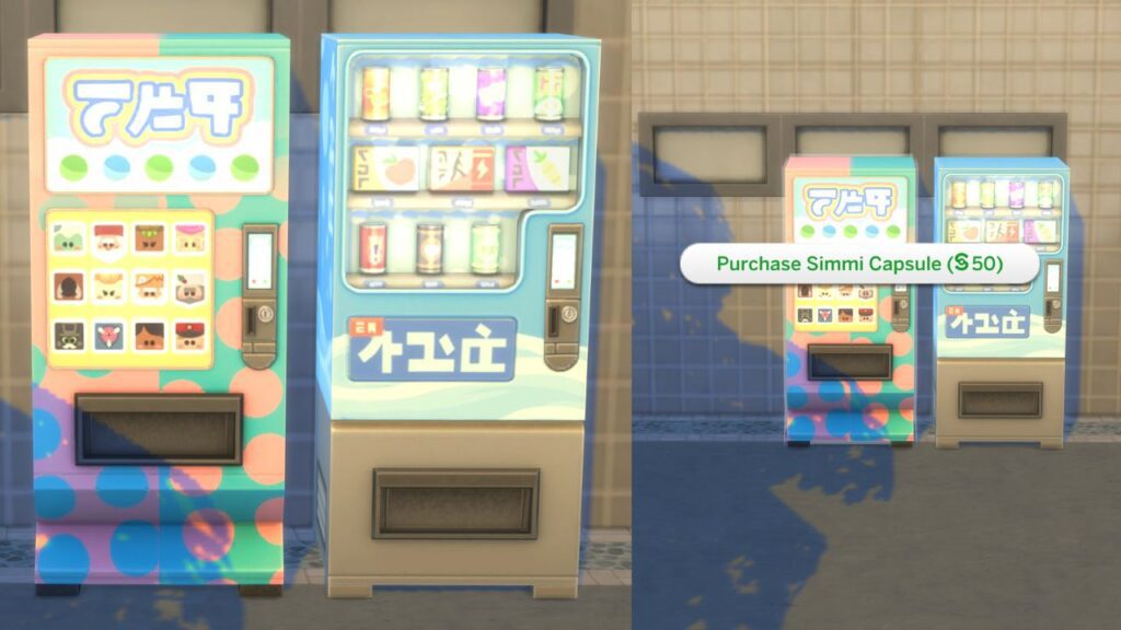 A screenshot from The Sims 4 showing a vending machine and. the option to Purchase a Simmi Capsule