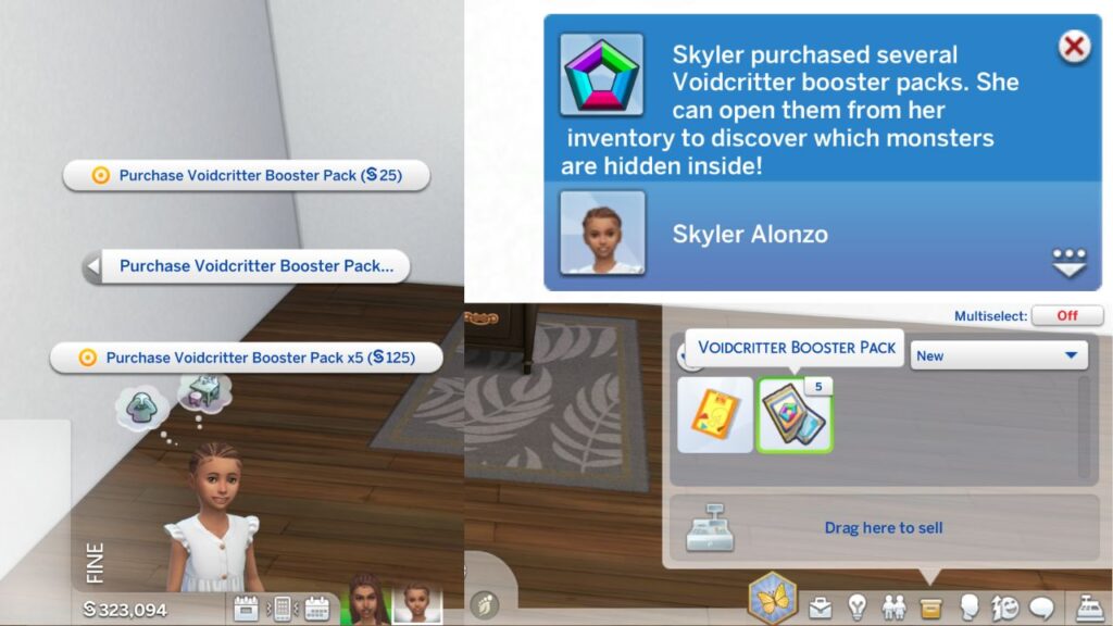 A screenshot from The Sims 4 showing what happens when you buy a voidcritter booster pack