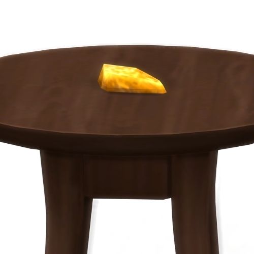 A screenshot from The Sims 4 showing a brown wooden table with pyrite on top