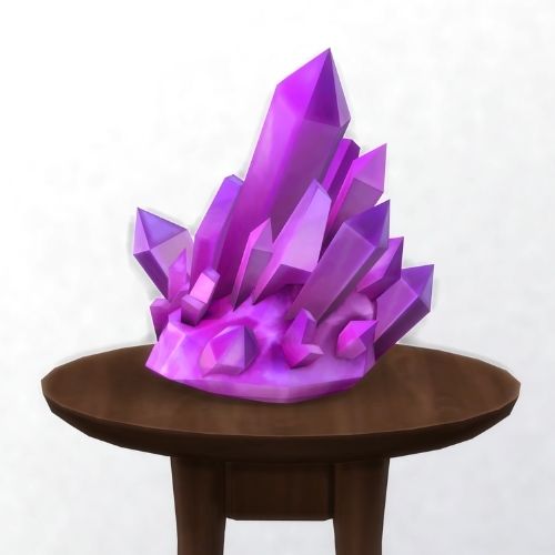 A screenshot from The Sims 4 showing a brown circular table with a crystal on top. This image has a crystal called quartz