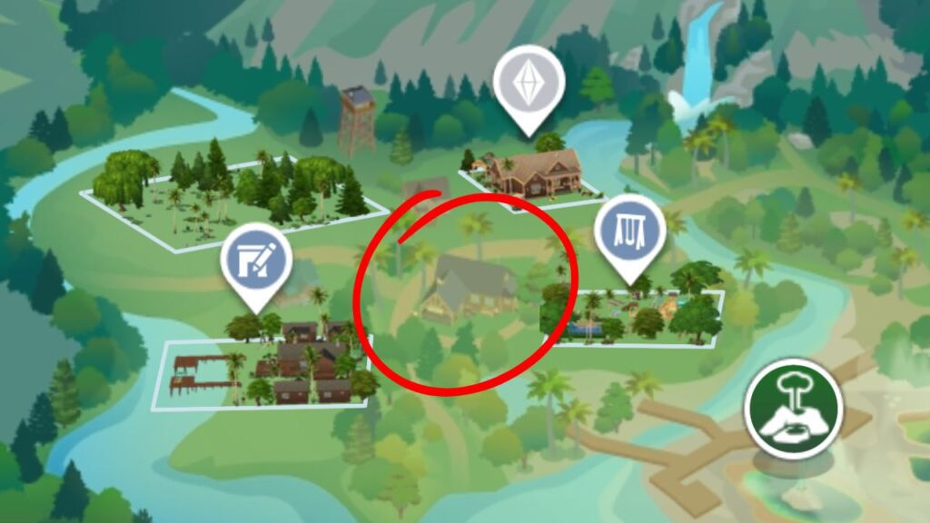 A screenshot from The Sims 4 showing the location of the ranger station in wanderwood wilds