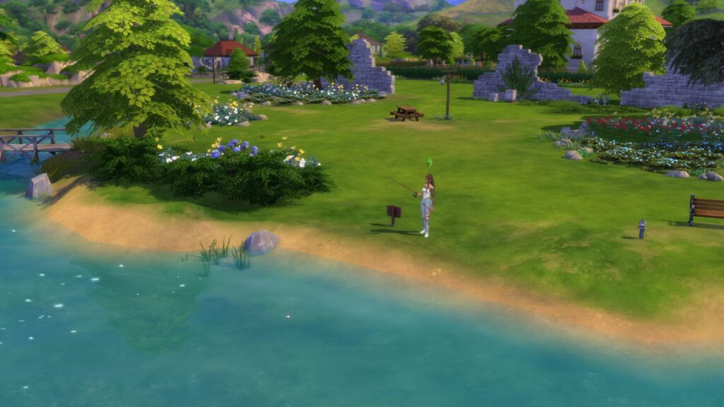 A screenshot from The Sims 4 showing a sim fishing in a pond at Ravenwood