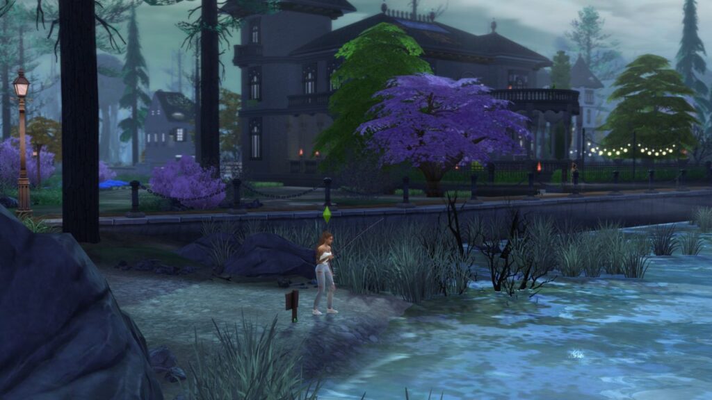 A screenshot from The Sims 4 showing a sim fishing behind the club eternity lot in ravenwood