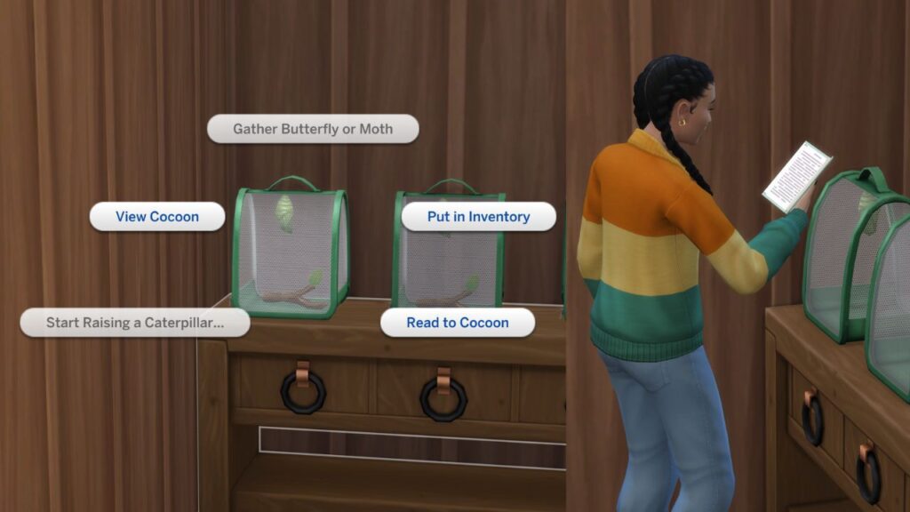 A screenshot from The Sims 4 showing the options on a cocoon inside of an incubator