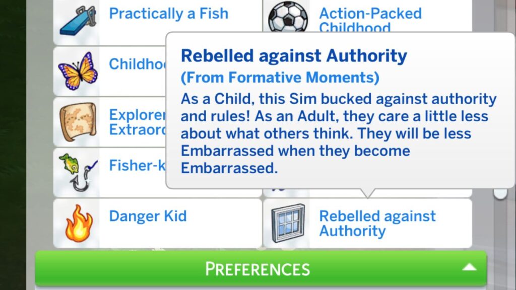 A screenshot from The Sims 4 showing the rebelled against authority formative moment trait
