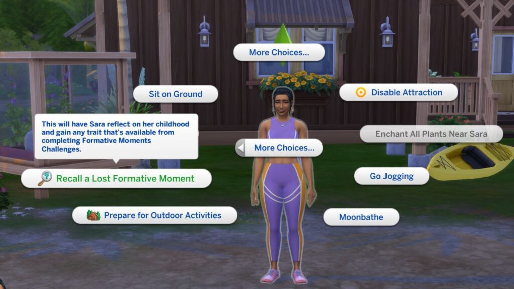 A screenshot from The Sims 4 showing the option to recall a lost formative moment