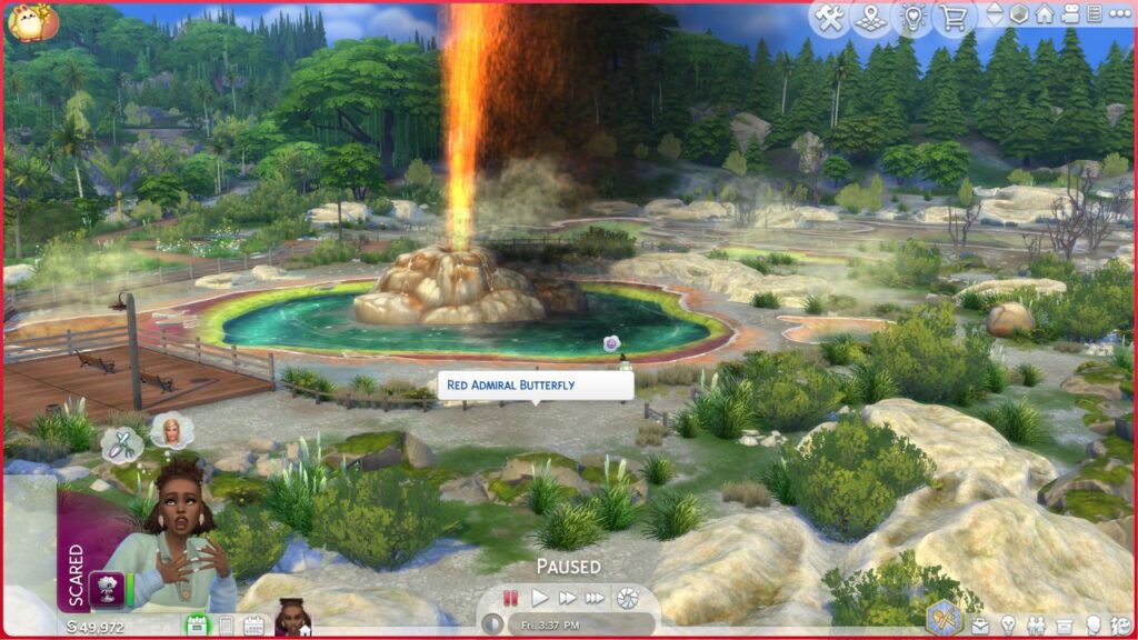 A screenshot from The Sims 4 showing where to catch the red admiral butterfly