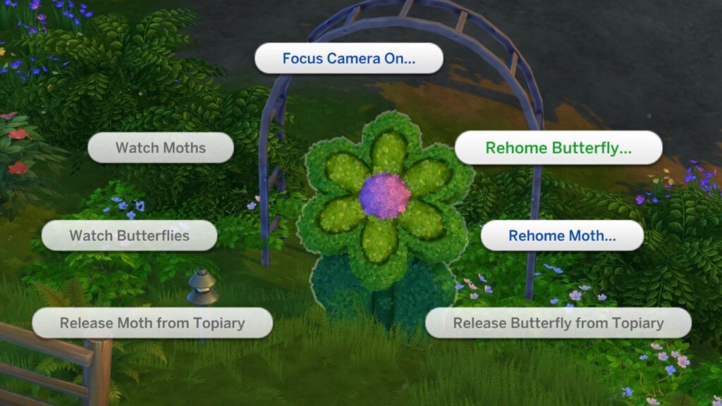 A screenshot from The Sims 4 showing how to rehome a butterfly at a topiary