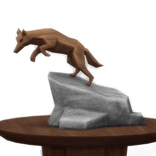 A screenshot from The Sims 4 showing a brown wood table and on top is a dog statue on top of a rock