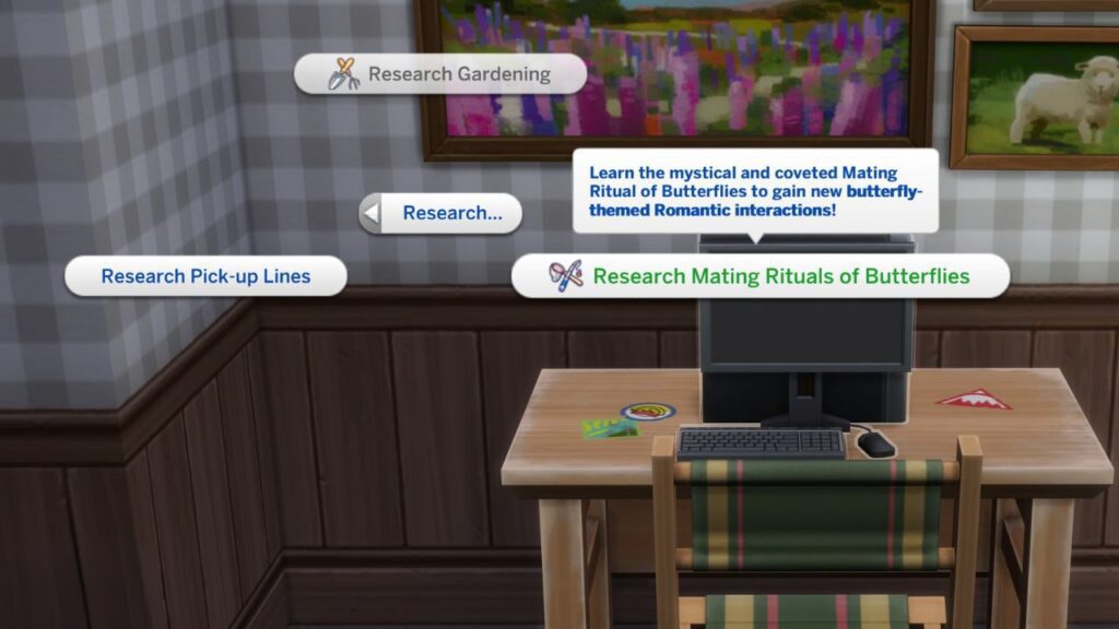A screenshot from The Sims 4 showing the option on a computer to research mating rituals of butterflies 