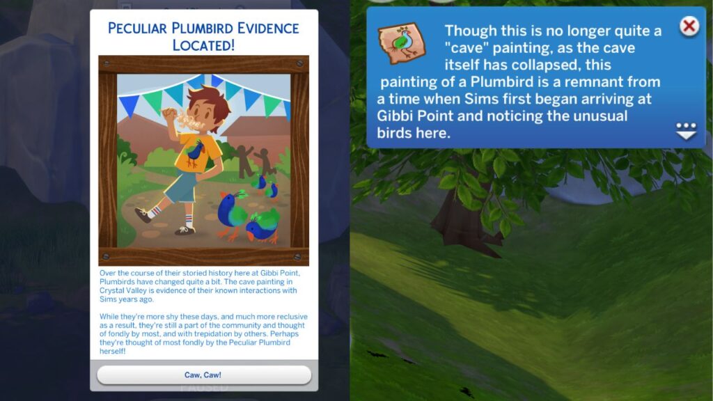 A screenshot from The Sims 4 showing both the notification and action card after you look at the cave painting 