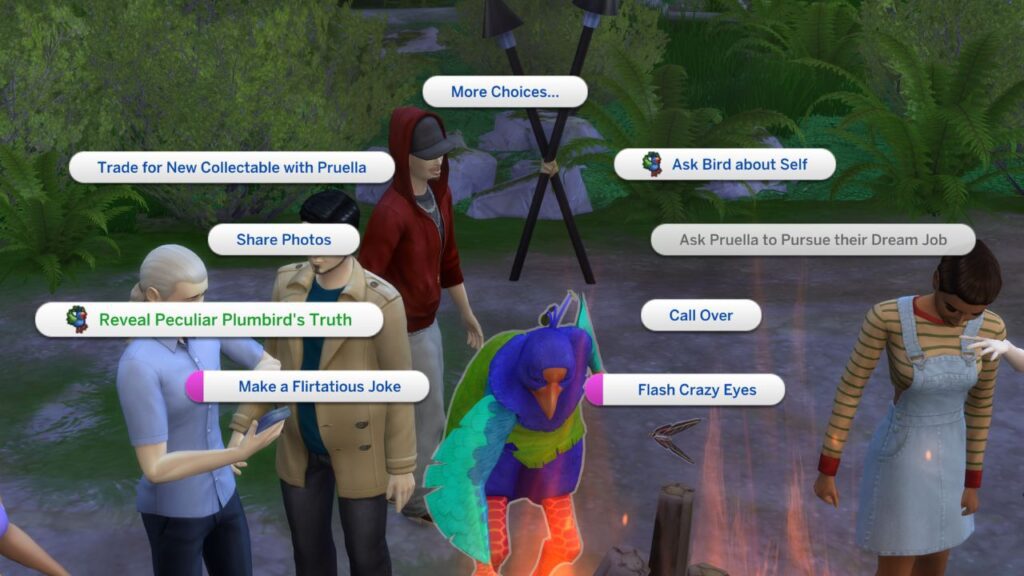 A screenshot from The Sims 4 showing the "reveal Peculiar Plumbird's truth" interaction 