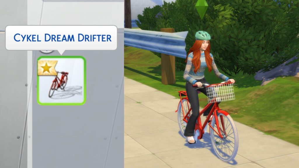 A screenshot from The Sims 4 showing the free Cykel Dream Drifter in a sim's inventory and a sim driving it