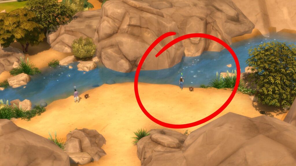 A screenshot from The Sims 4 showing the location of a fishing spot near the Nookstone Lot in Bedrock Strait with a sim fishing there circled in red