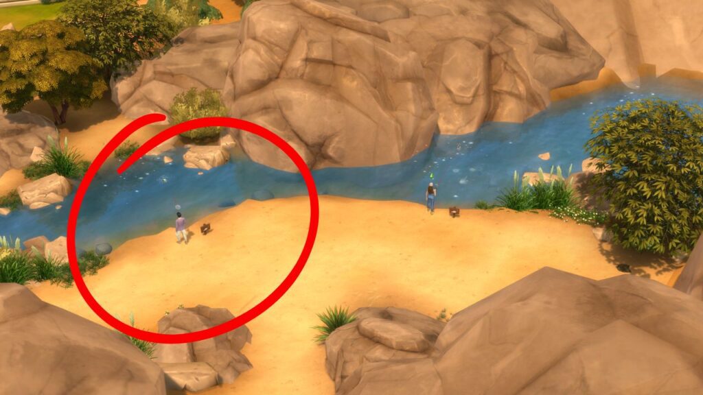 A screenshot from The Sims 4 showing the location of a fishing spot on the right side of Nookstone with a sim fishing there circled