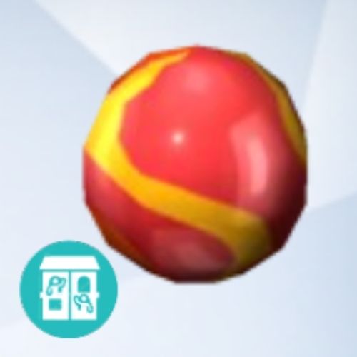 A screenshot from The Sims 4 showing a grey background with an enlarged image of a marble with a red and yellow design 
