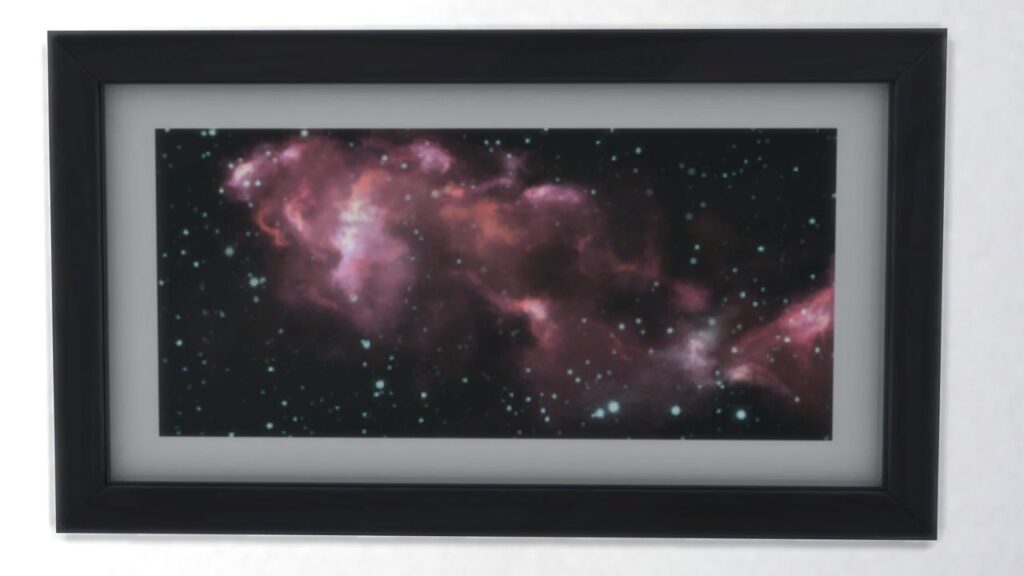 A screenshot from The Sims 4 showing a black frame with a print of a galaxy pattern in pink