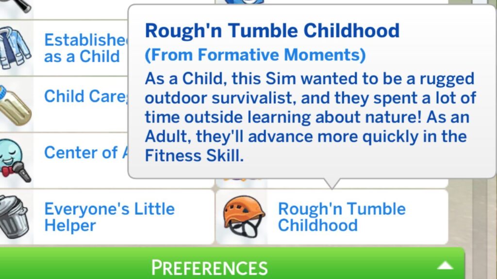 A screenshot from The Sims 4 showing the Rough'n Tumble Childhood trait