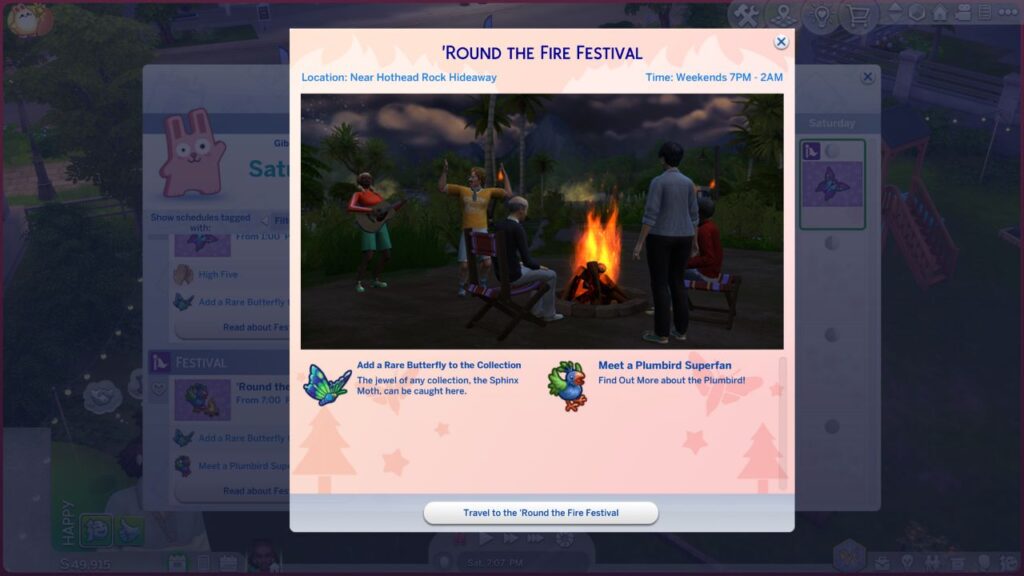 A screenshot from The Sims 4 showing the information panel for the 'round the fire festival