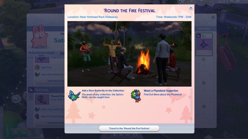 A screenshot from The Sims 4 showing the information page for the 'round the fire festival 