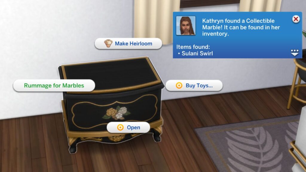 A screenshot from The Sims 4 showing how you can search for marbles in a toy box 
