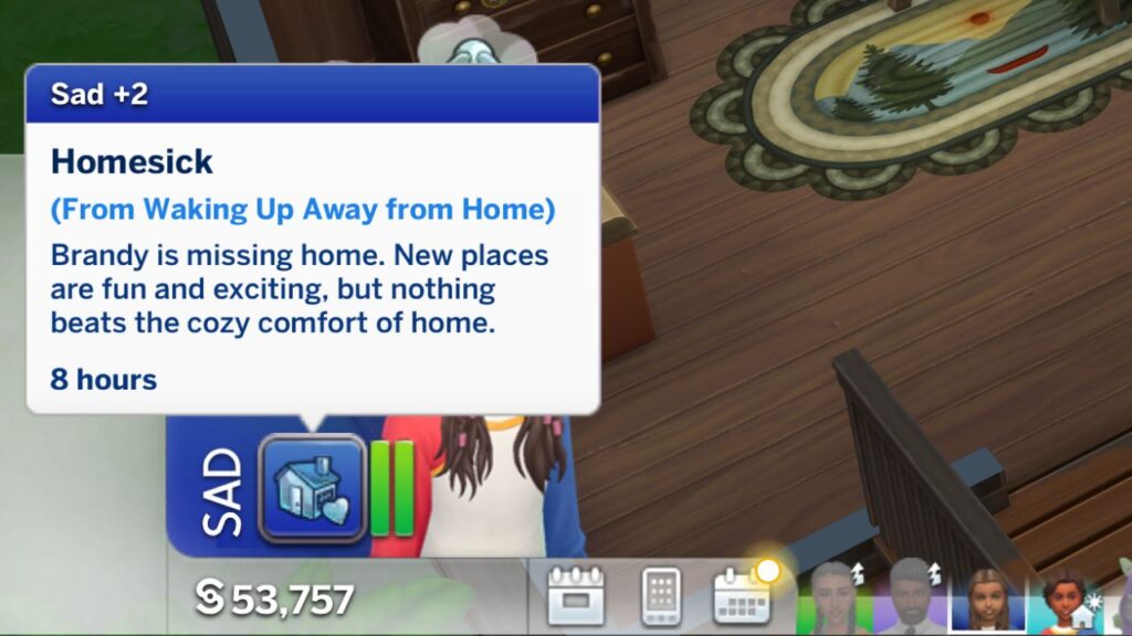 A screenshot from The Sims 4 showing a +2 Sad homesick moodlet