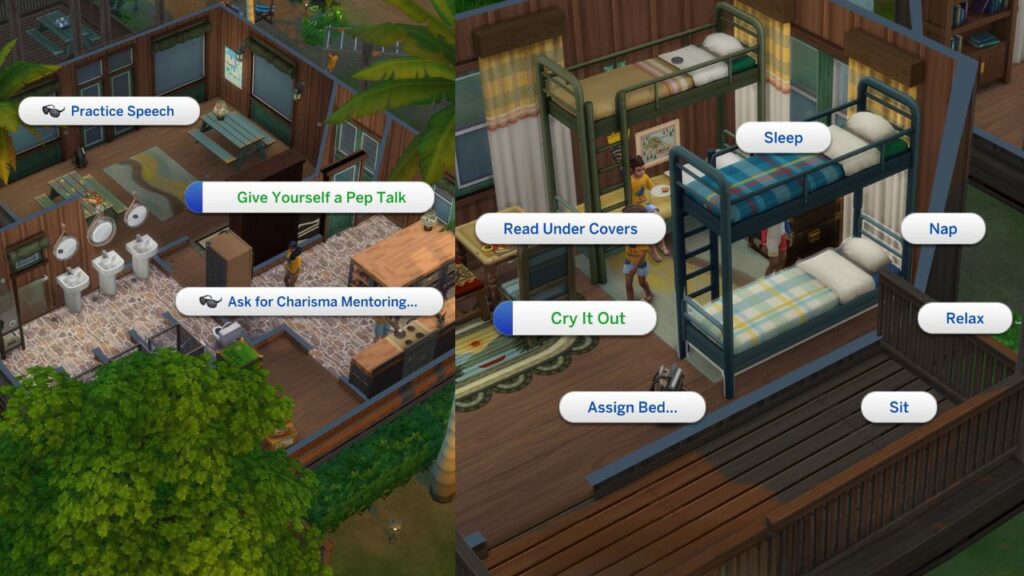 A screenshot from The Sims 4 showing how you can decrease sad moodlets by giving a pep talk or crying under covers