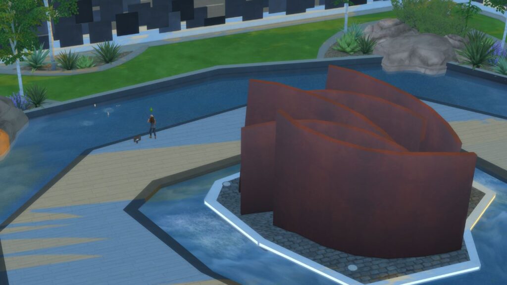 A screenshot from The Sims 4 showing the fishing spot down hill from the Casbah Gallery in San Myshuno
