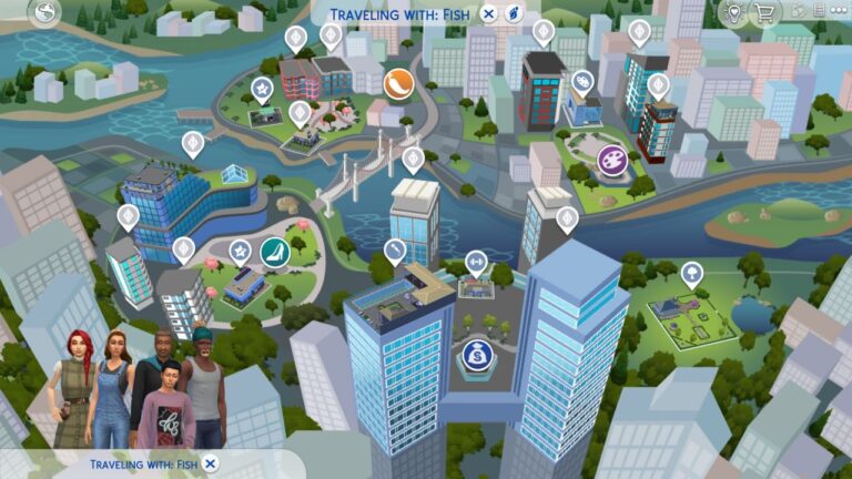 A screenshot from The Sims 4 showing the map of San Myshuno