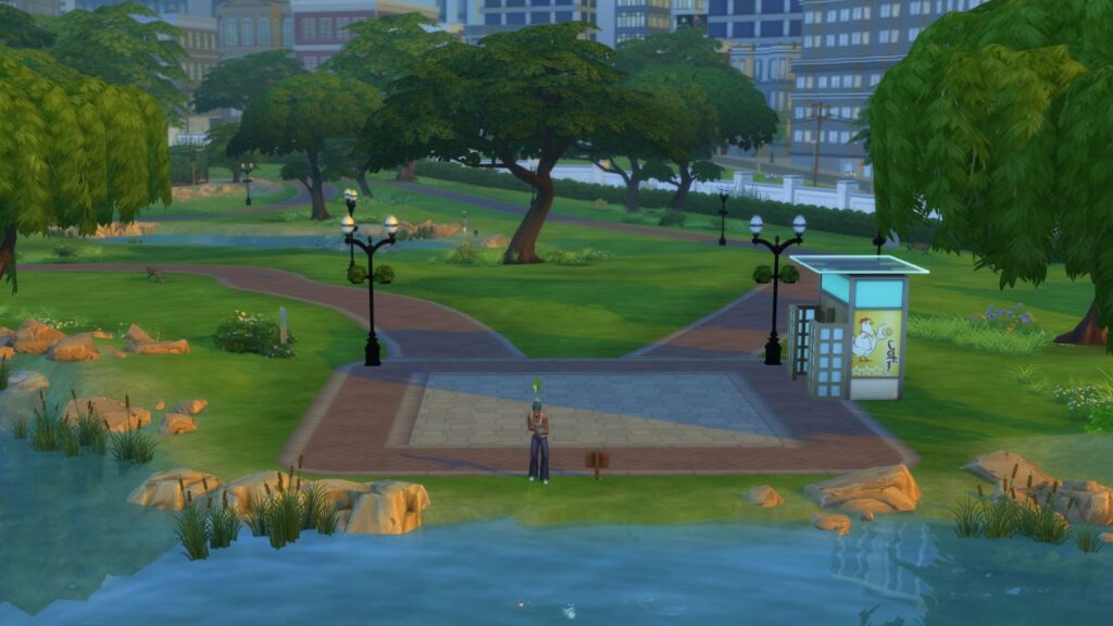 A screenshot from The Sims 4 showing A sim fishing at a fishing spot in San Myshuno at the end of a path
