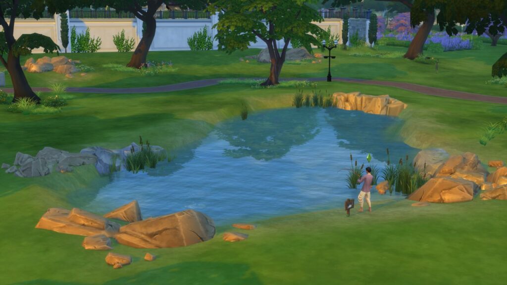 A screenshot from The Sims 4 showing a sim fishing at a pond inside Myshuno Meadows park