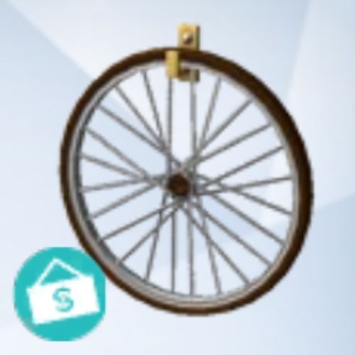 A screenshot from The Sims 4 with a grey background and a bicycle wheel