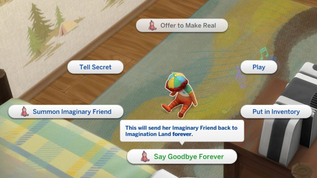 A screenshot from The Sims 4 showing the option to say goodbye forever to an imaginary friend 