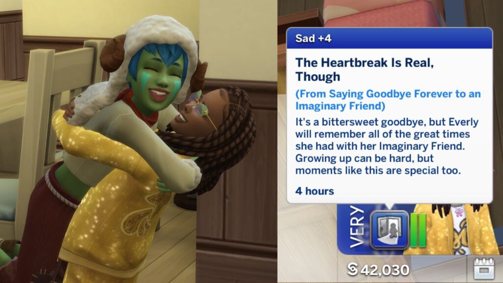 A screenshot from The Sims 4 showing a sim child hugging their imaginary friend and the sad moodlet they get when they say goodbye forever 