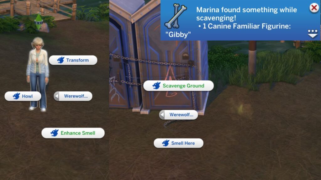 A screenshot from The Sims 4 showing how to enhance smell and scavenge for relics in moonwood mill
