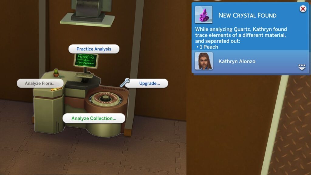 A screenshot from The Sims 4 showing how a scientist can analyze a crystal to get another one