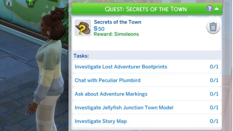 A screenshot from The Sims 4 showing the secrets of the town quest