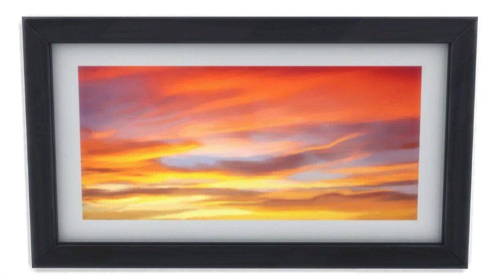A screenshot from The Sims 4 showing a black frame with a print of a the sky on mars in red and yellow