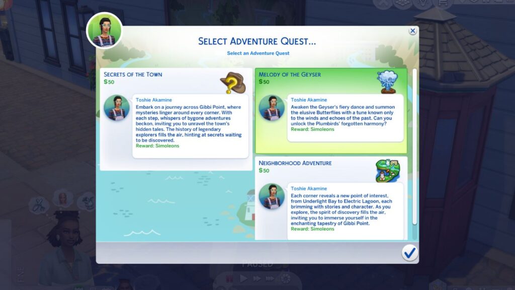 A screenshot from The Sims 4 showing the option to select Melody of the Geyser