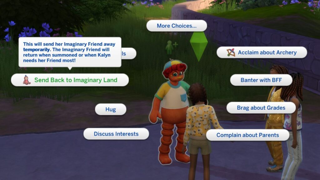 A screenshot from The Sims 4 showing how to send an imaginary friend back to imaginary land 